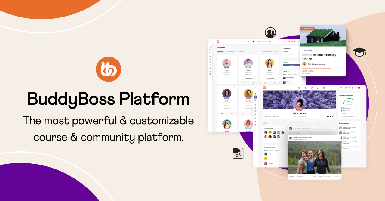 Interfaz de plataforma BuddyBoss para cursos en línea.
