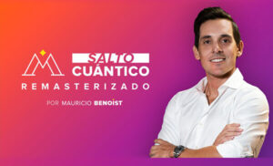 Hombre sonriente, logo "Salto Cuántico Remasterizado".