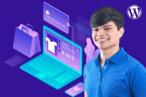 Hombre sonriente, compras en línea, sitio web WordPress.