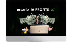 Hombre con laptop y dinero volando, "Desafío IA Profits".