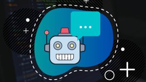 Robot ilustrado con bocadillo de texto, diseño digital.