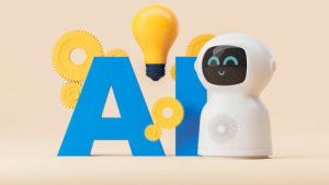 Robot junto a letras "AI" y bombilla encendida.