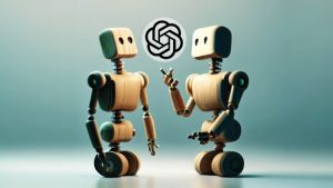 Dos robots de madera interactuando amistosamente.