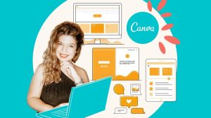 Mujer sonriente usando Canva en varios dispositivos