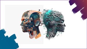 Dos cabezas robóticas futuristas perfiladas.