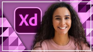 Mujer sonriente y logo de Adobe XD.