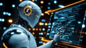 Robot humanoide interactuando con pantalla tecnológica.