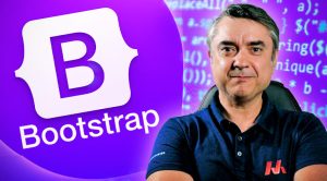 Hombre frente al logo de Bootstrap