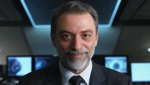 Hombre sonriente en oficina con monitores.