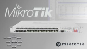 Router MikroTik Cloud Core con múltiples puertos Ethernet.