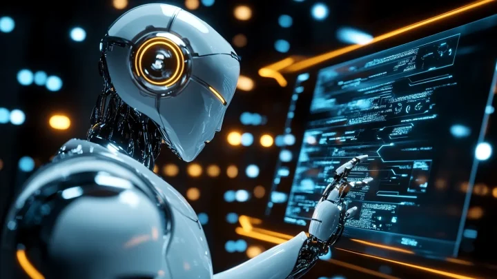 Robot humanoide interactuando con pantalla tecnológica.
