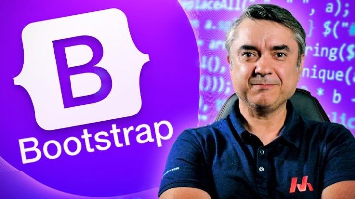 Hombre frente al logo de Bootstrap
