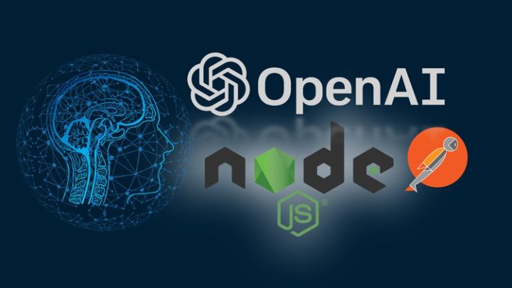 Logotipos OpenAI, Node.js y cerebro digital.