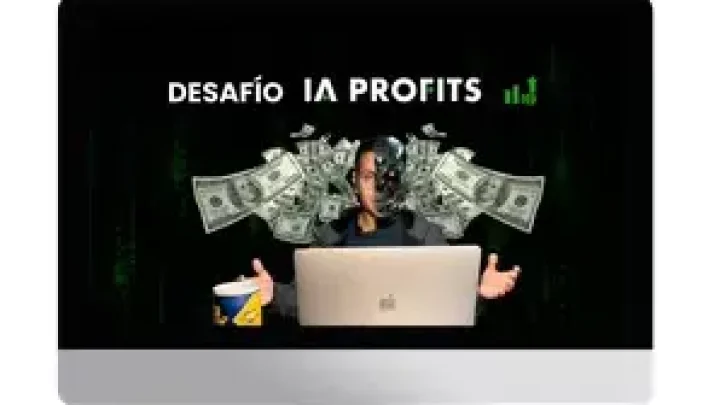 Hombre con laptop y dinero volando, "Desafío IA Profits".