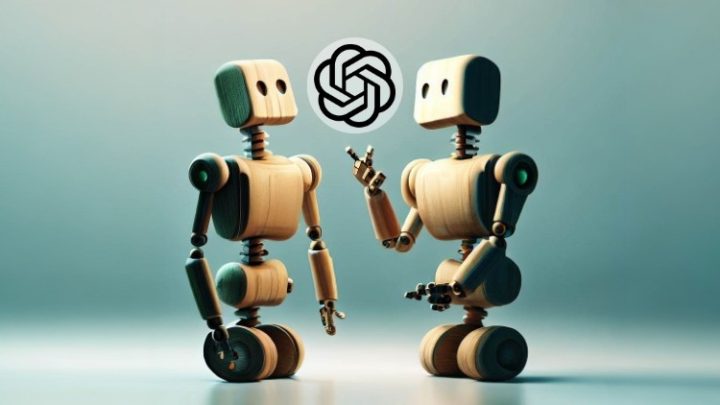 Dos robots de madera interactuando amistosamente.